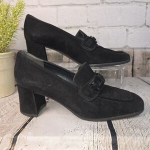 STUART WEITZMAN BLACK SUEDE BLOCK HEELED LOAFER CHAIN DETAIL WOMENS SIZE 7